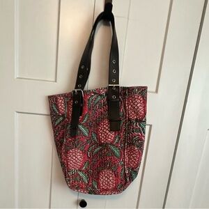 Red/Pink Block Print Quilted Tote Bag Anokhi
